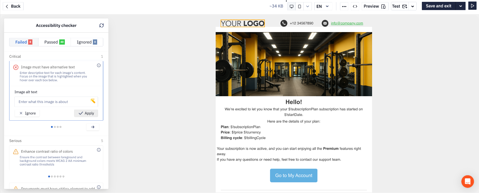 The accessibility checker panel with scan results