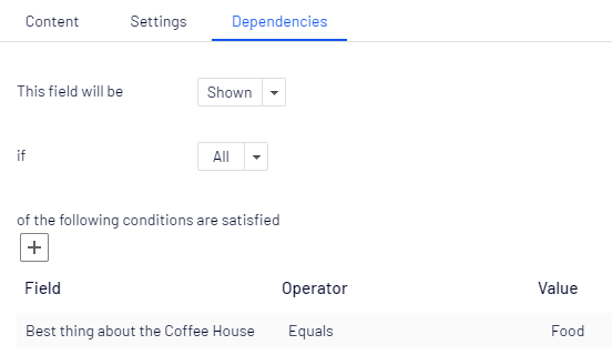 Screenshot of the Dependencies tab where setting a condition to show the Best food question when Food is selected