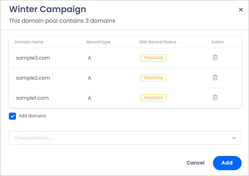 Screenshot with adding domains to an existing pool