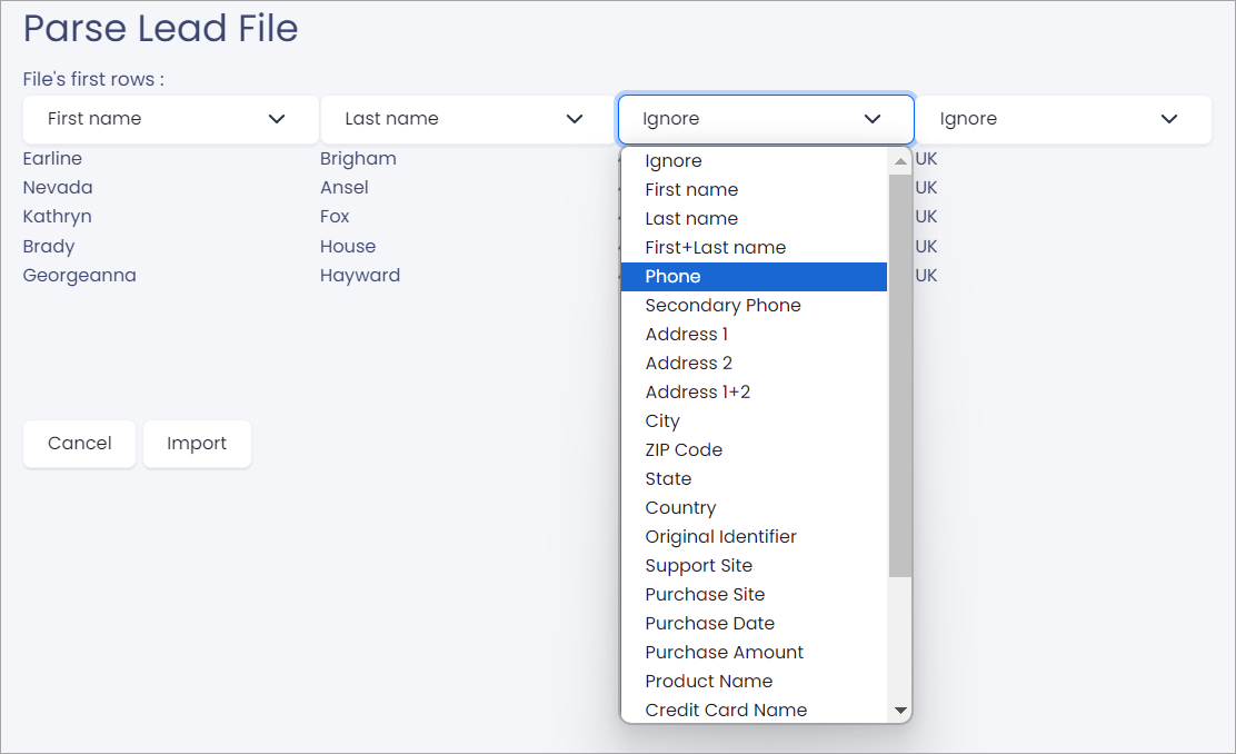 Screenshot of mapping data columns