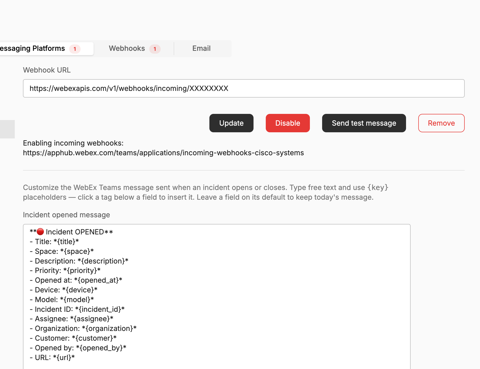 WebEx Teams — webhook URL and message templates.