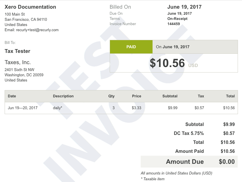 Invoice with tax for Washington, DC in Recurly