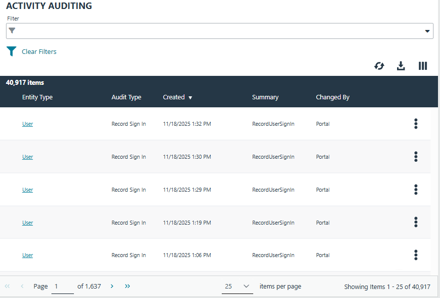 Listing of activities on the Activity Auditing page