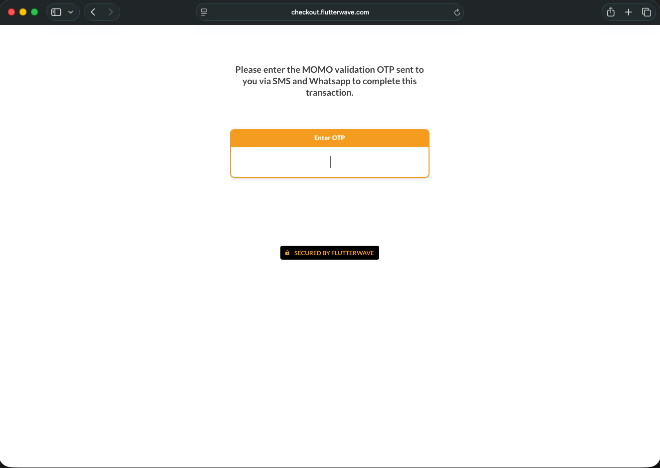 Checkout page asking the customer to enter the MoMo validation OTP sent via SMS and WhatsApp