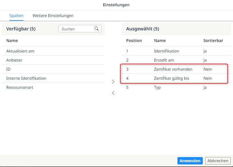 Die Inhalte der Worklist individuell anpassen und die Spalten bezüglich der XL Zertifikate einblenden