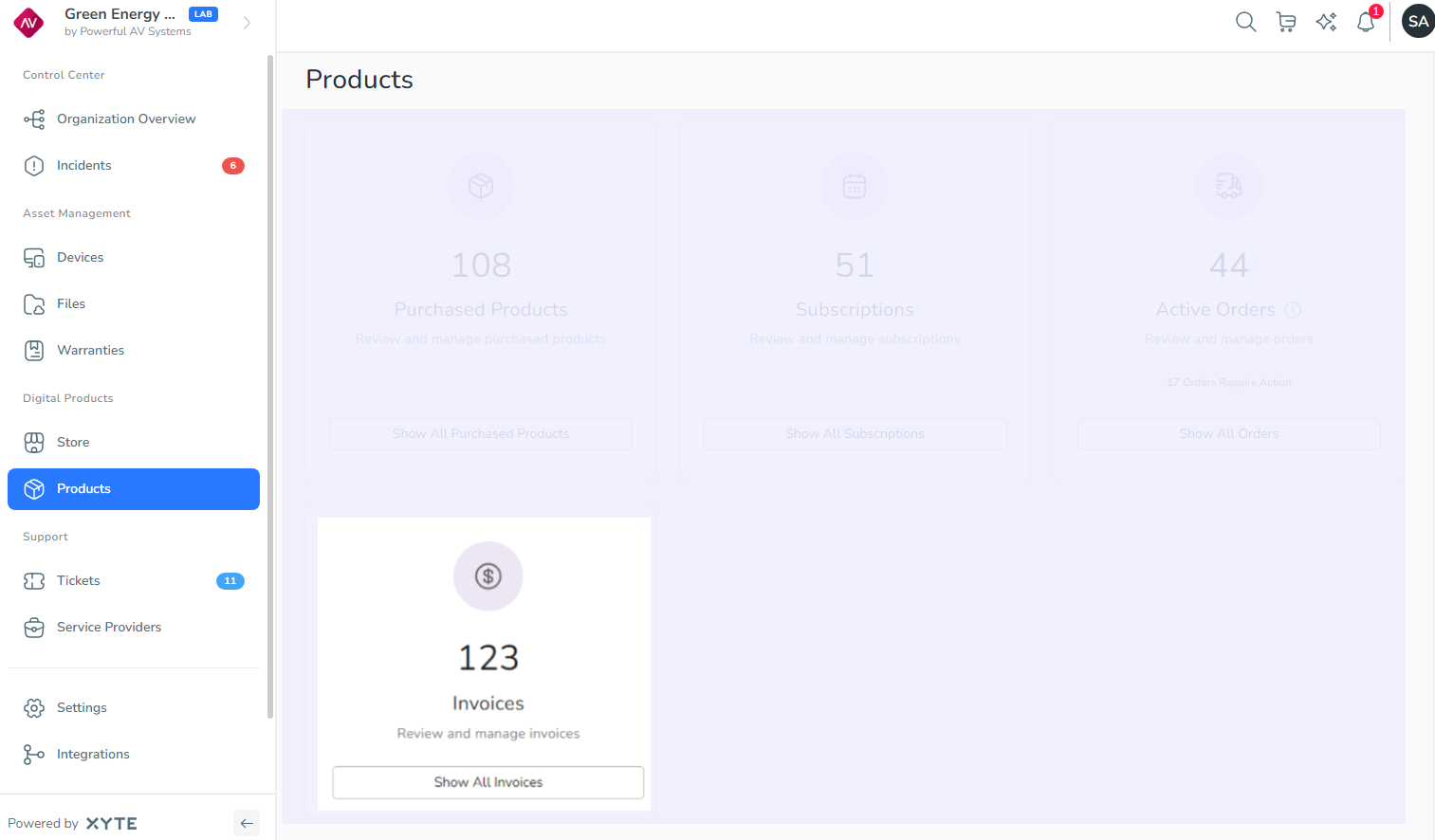 Products page with Invoices tile highlighted.