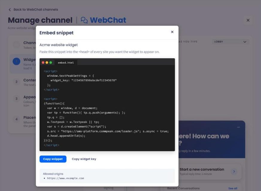 Screenshot of the Embed snippet dialog showing the script, the copy buttons, and the allowed origins