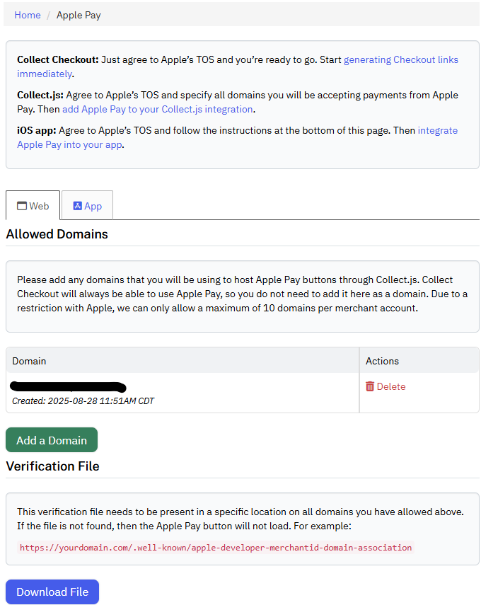 Screenshot of Merchant Portal showing Apple Pay configuration