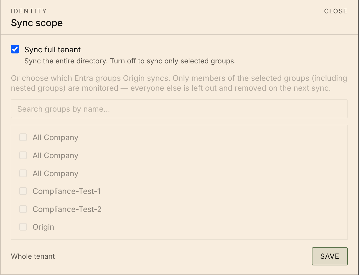 The Sync scope dialog with Sync full tenant turned on and the group list disabled.