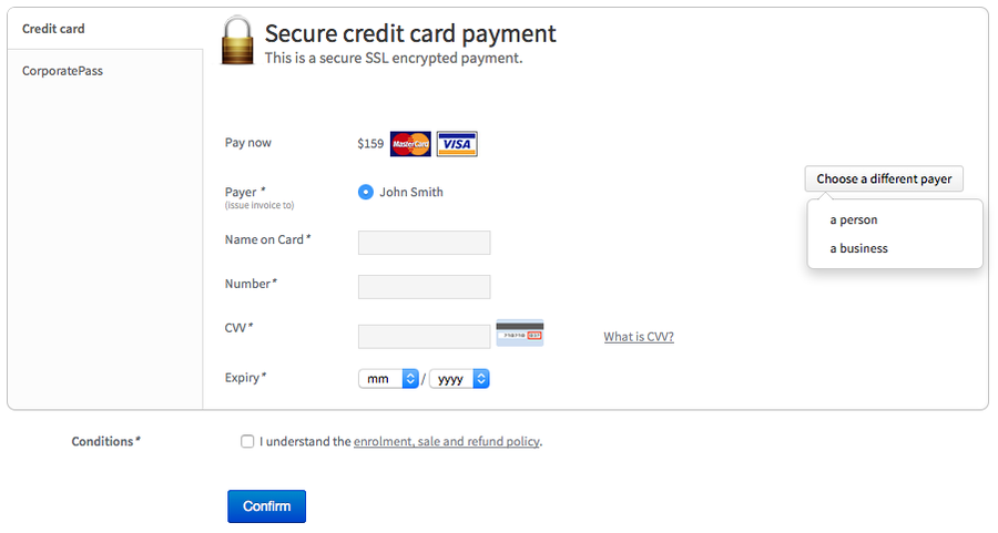 Using a credit card when paying for an online enrolment