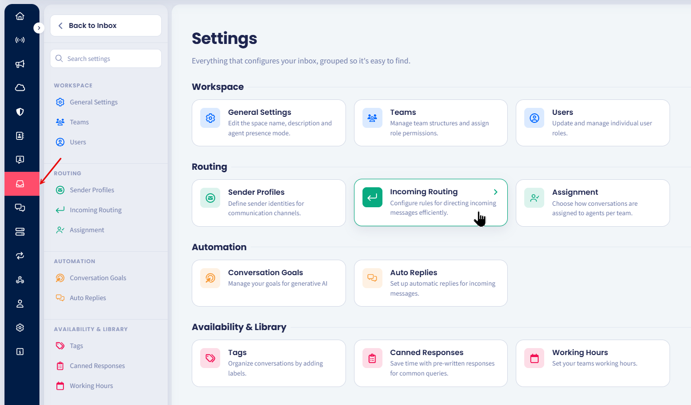 Screenshot of the Inbox Incoming Routing page