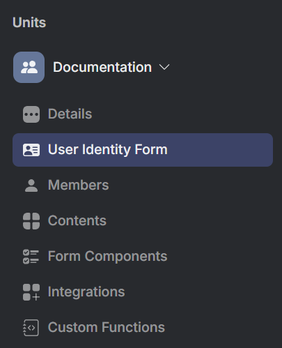 The User Identity Form button in the left side bar.