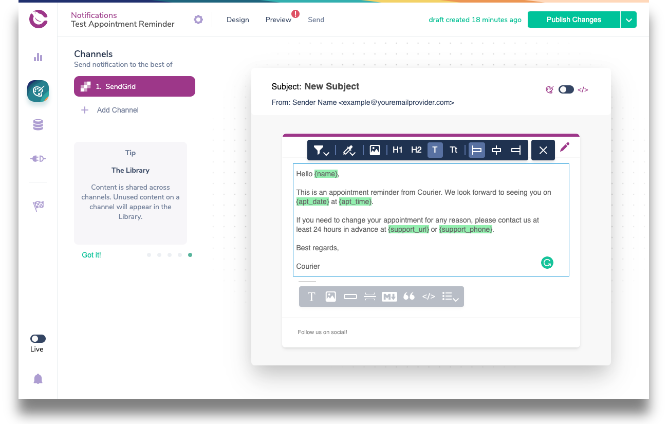 compose with variables.png Courier Notification Template with Sample Message