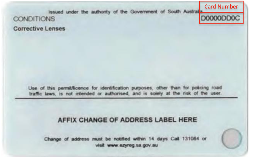 South Australia Driver Licence sample - back