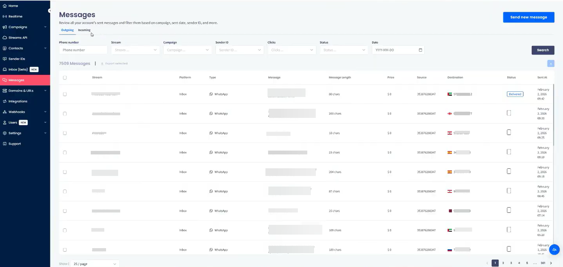 Screenshot of the Messages > Outgoing tab