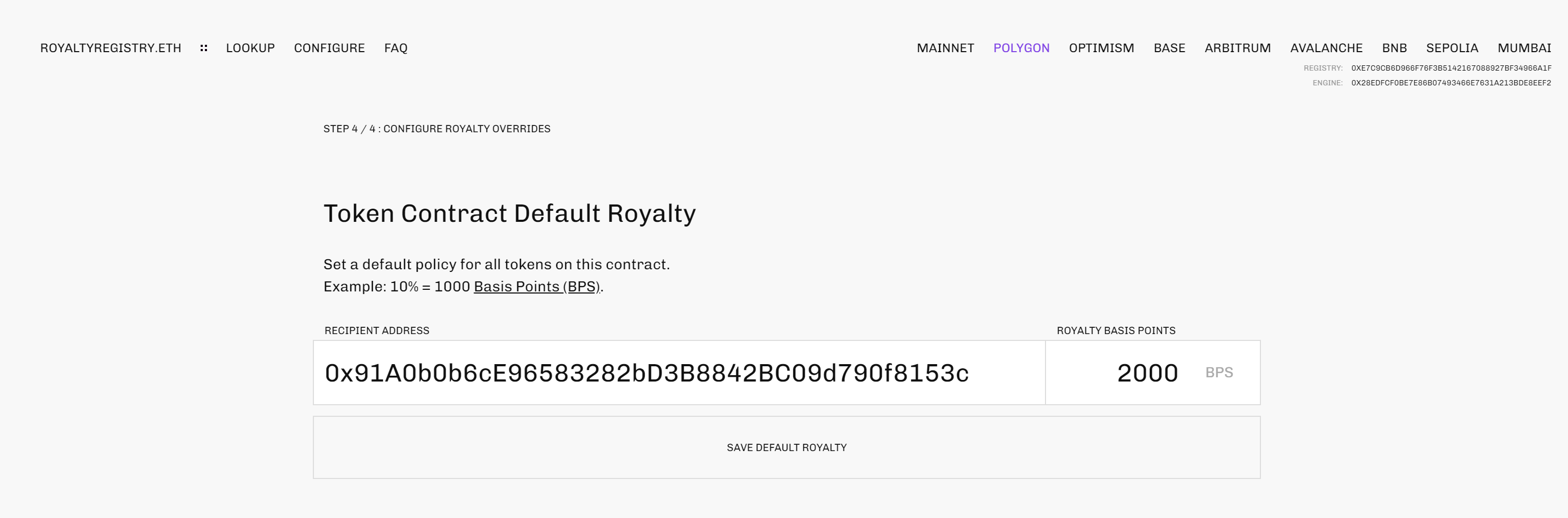 Configuring default royalty for a contract