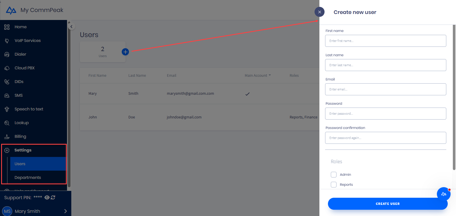 Screenshot of the Create new user form