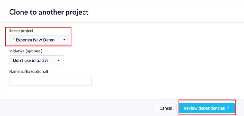 Cloning window showing target project selection dropdown