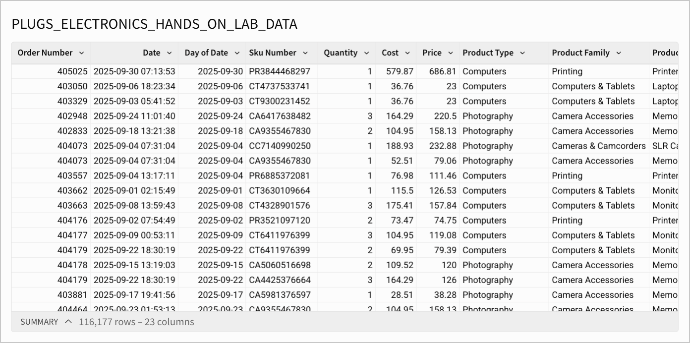 PLUGS_ELECTRONICS_HANDS_ON_LAB_DATA table filtered to September 2025.