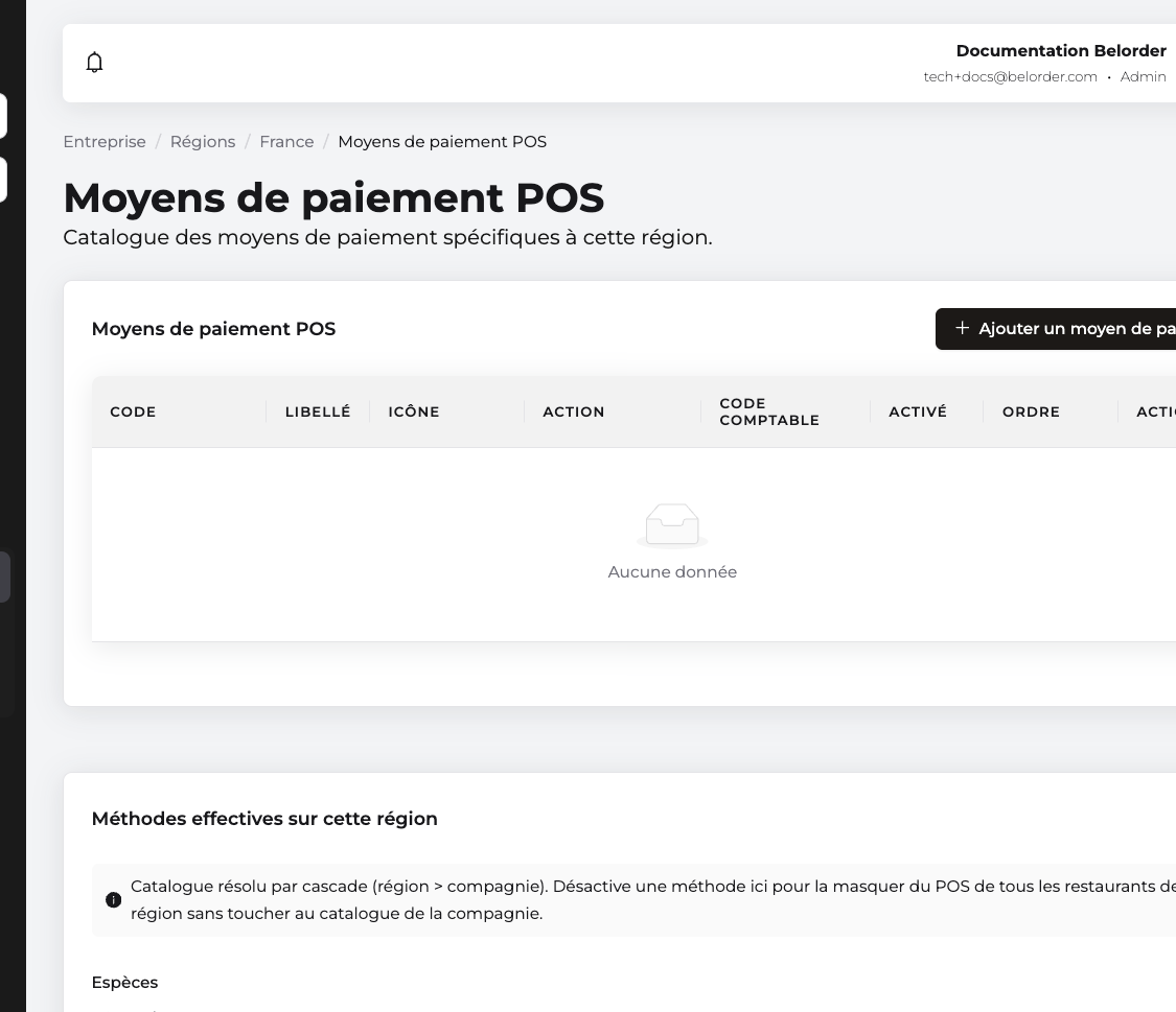 Carte Moyens de paiement POS d'une région : catalogue des moyens de paiement en caisse, avec la mention que désactiver une méthode la masque pour tous les points de vente de la région