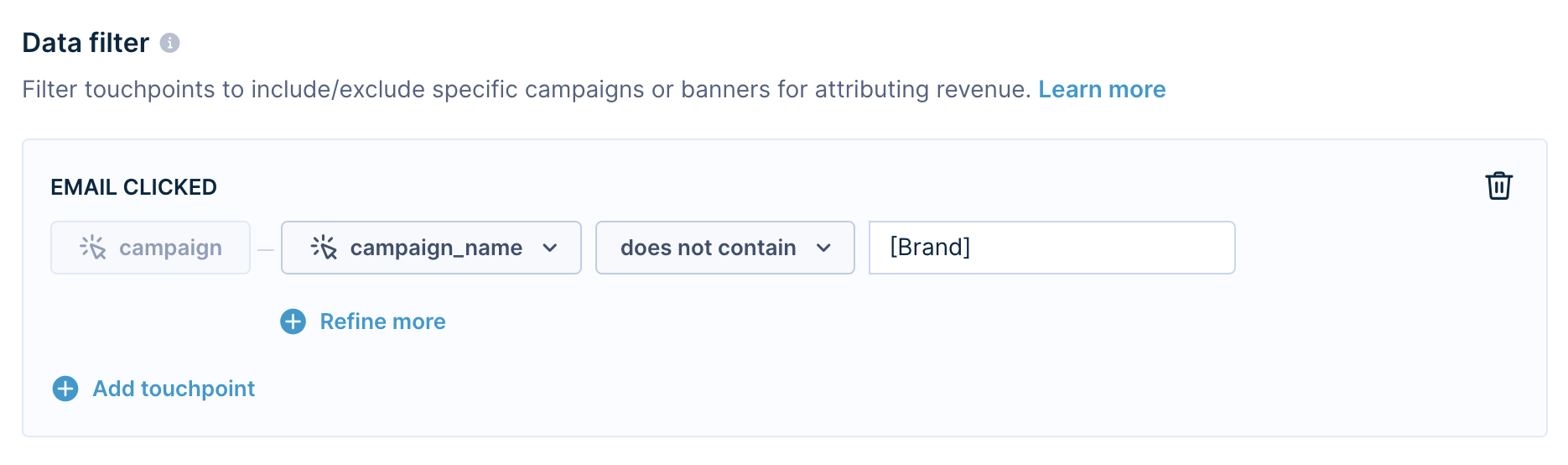 Data filter settings showing excluding by campaign name