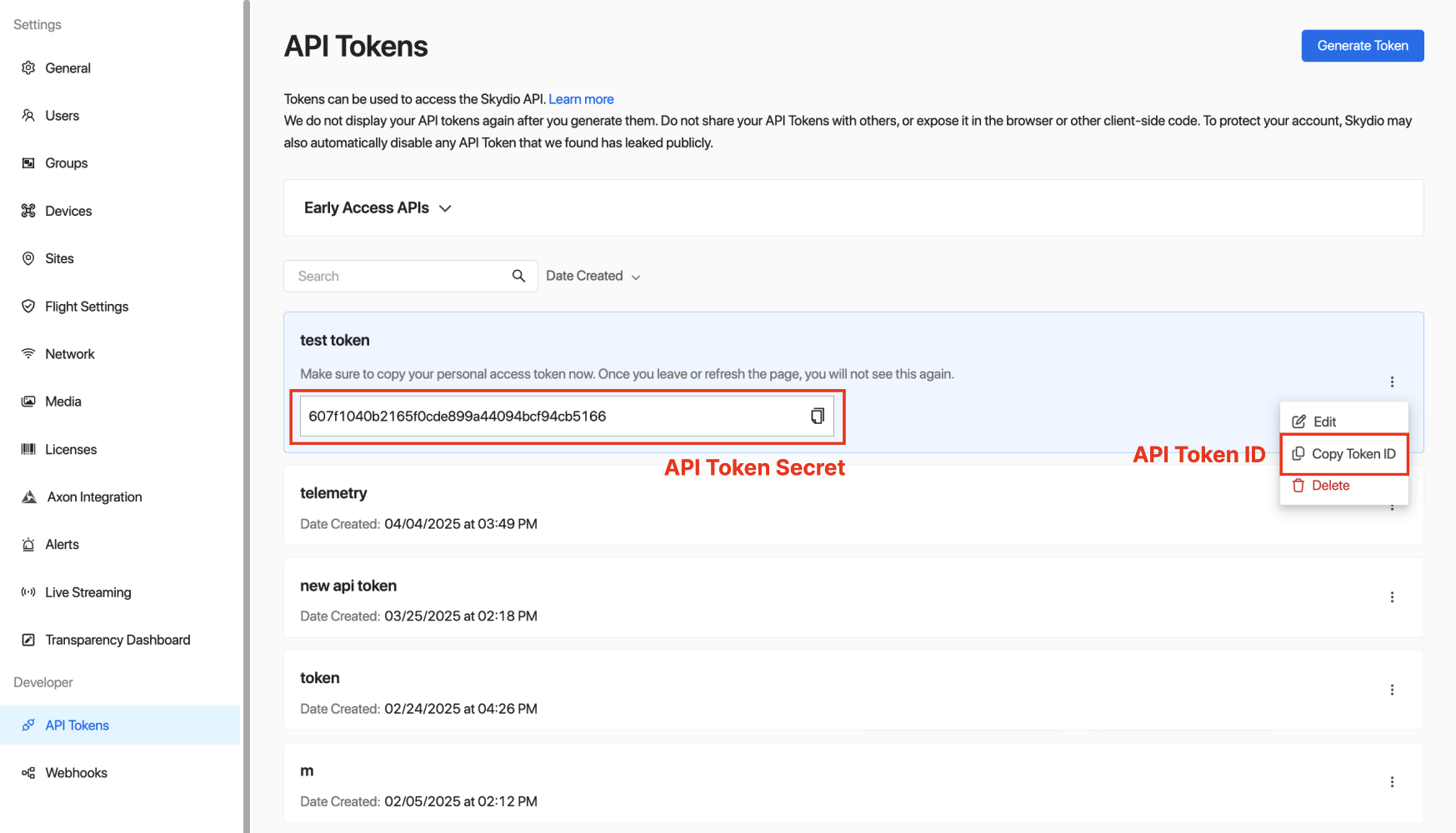 Copying an API Token's ID