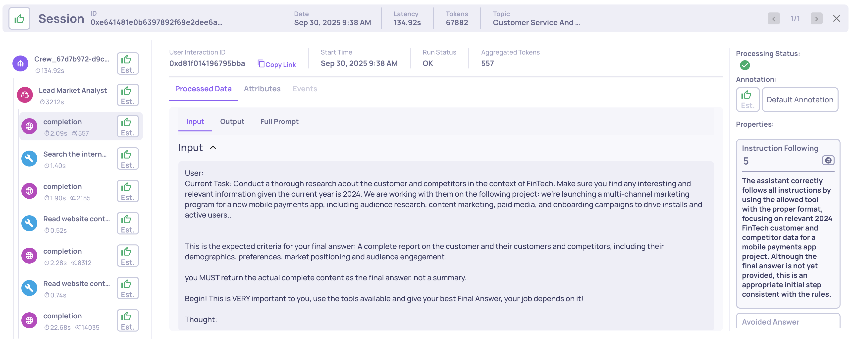 Example of an Instruction Following score and reasoning on an LLM span