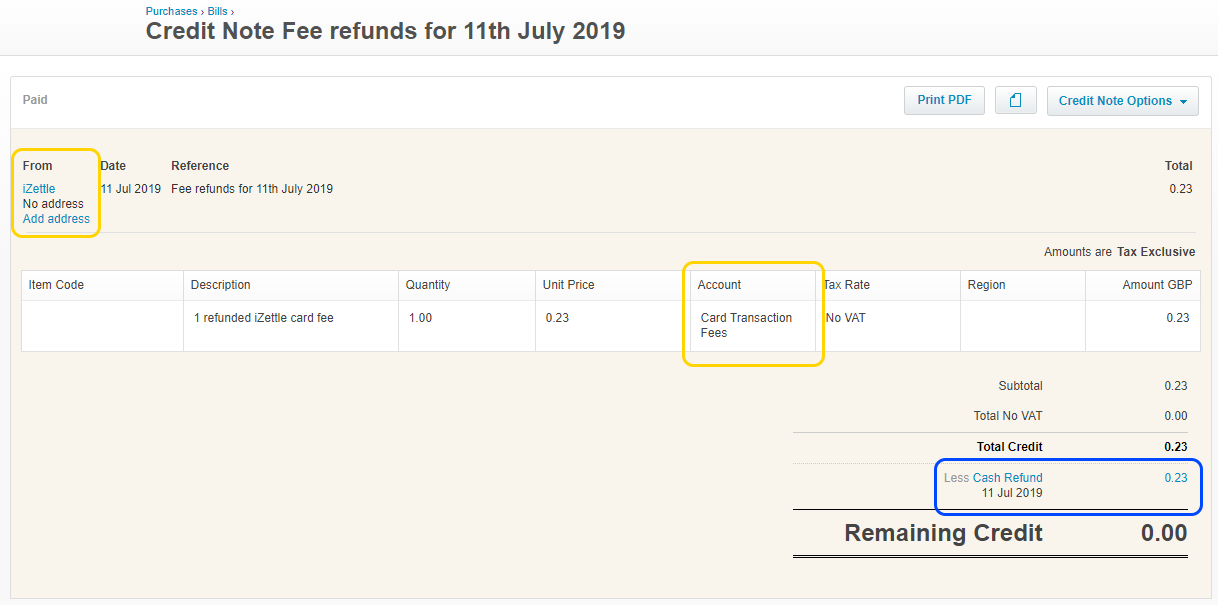 A bill credit note in Xero that represents all fee refunds processed during the day.