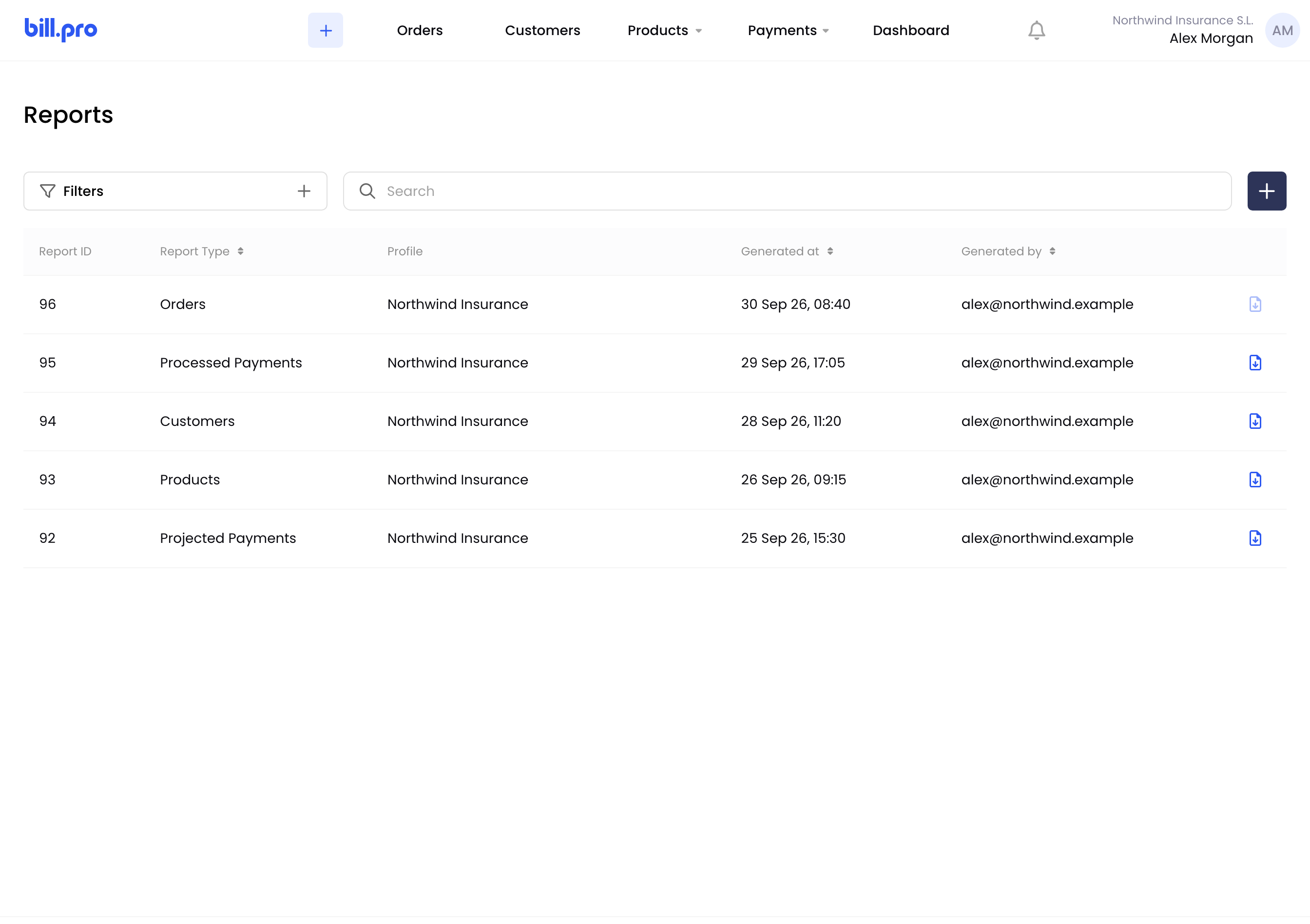 The Reports list