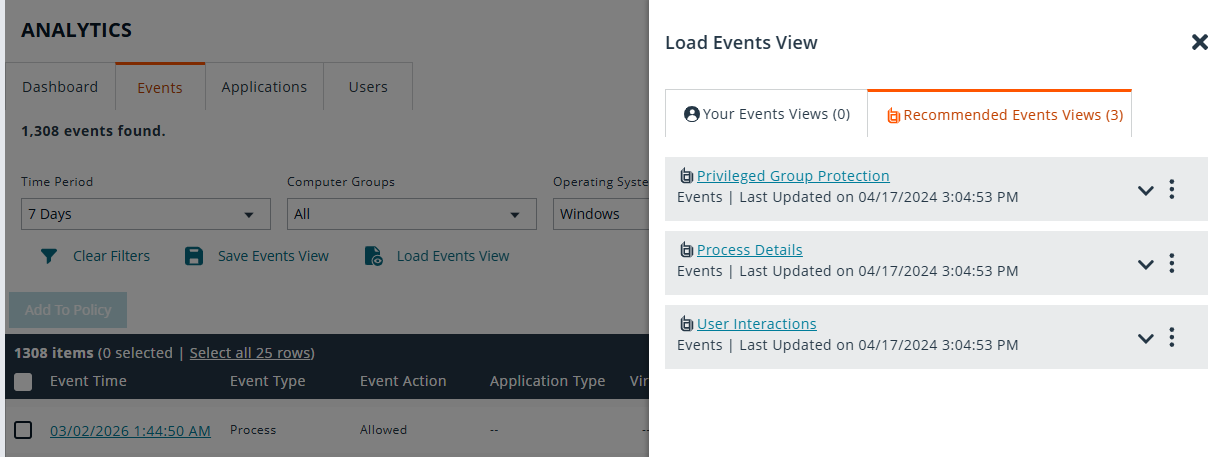 Recommended view in Events analytics