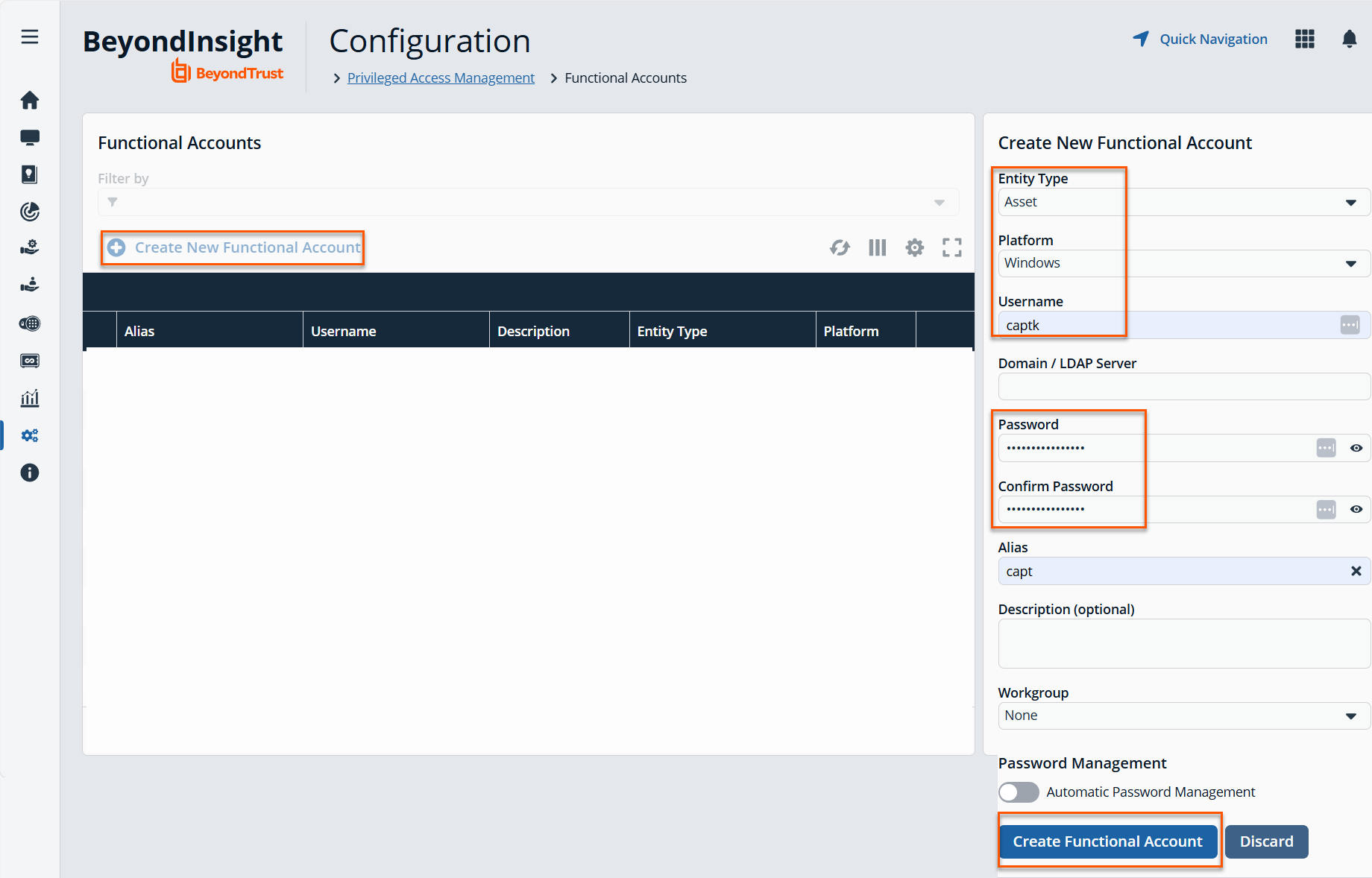 Password Safe Functional Accounts page.
