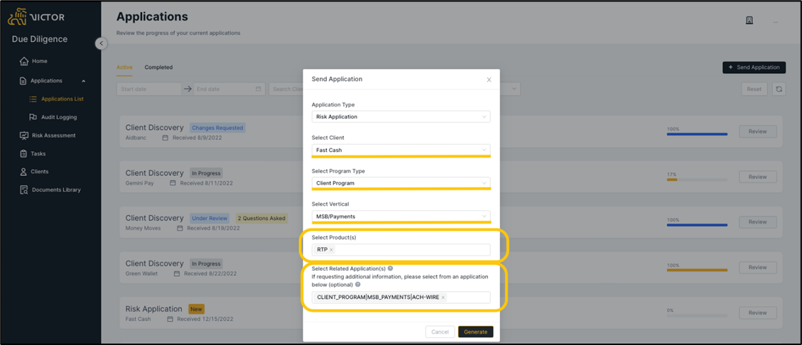 Figure 36. Send application modal of client that has already received a risk application