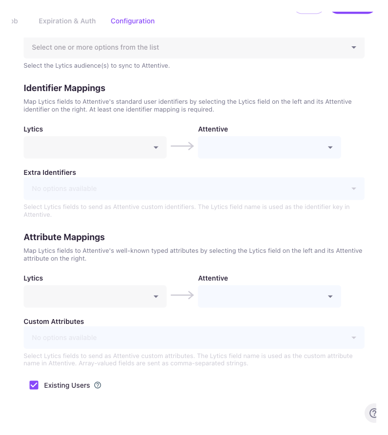 Attentive Export Audience job configuration