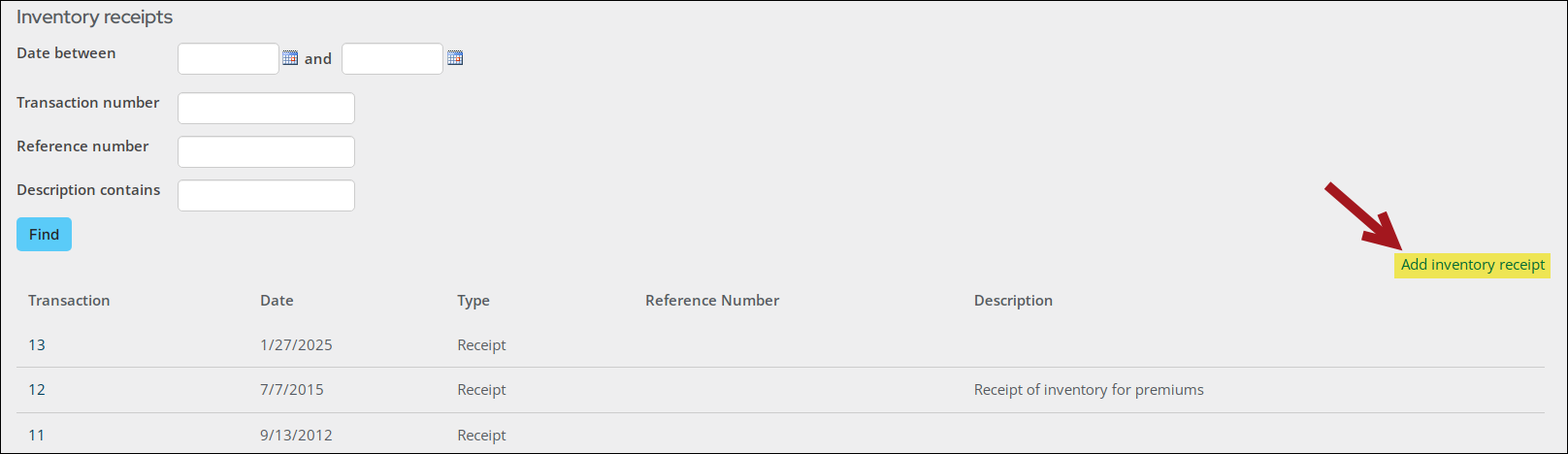An arrow pointing to Add inventory receipt