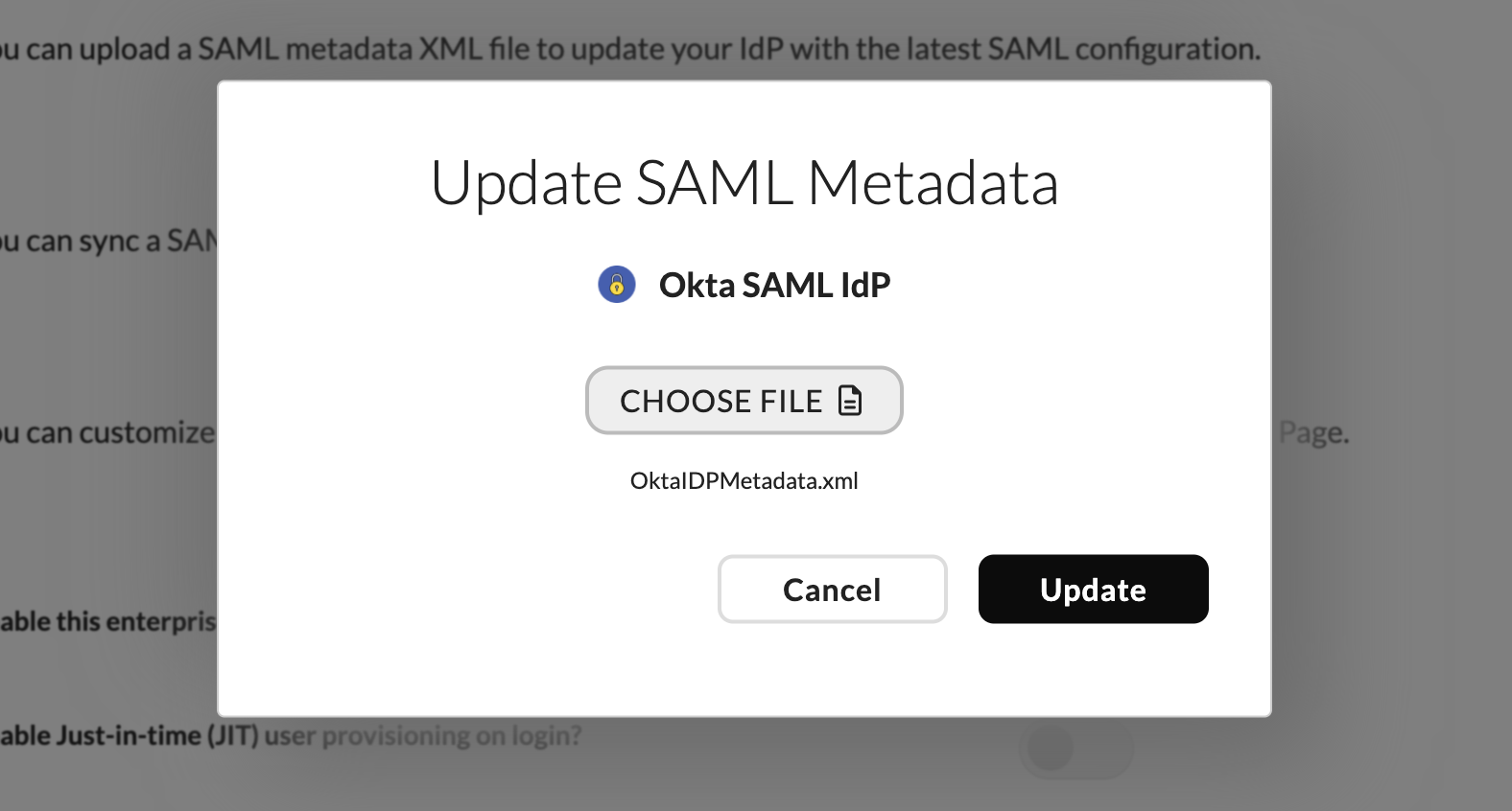 Wristband: Upload SAML Metadata XML modal
