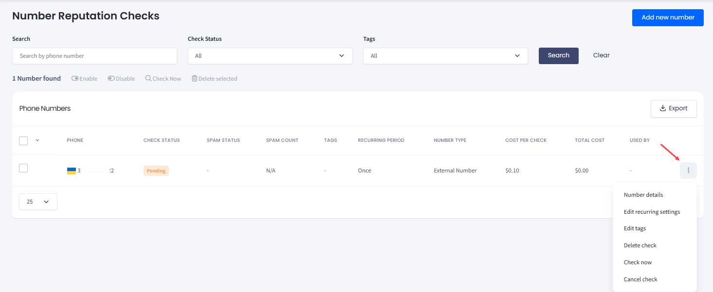 Screenshot of phone numbers menu options