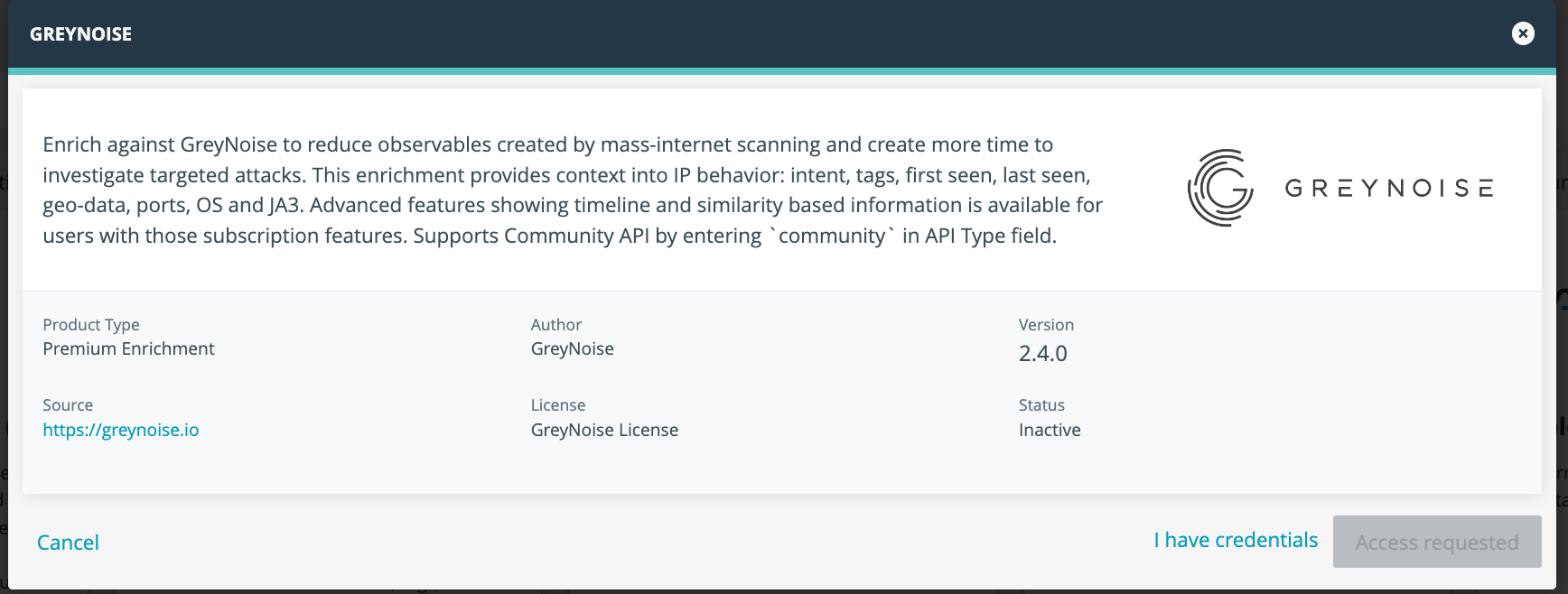 GreyNoise Setup Dialog in ThreatStream