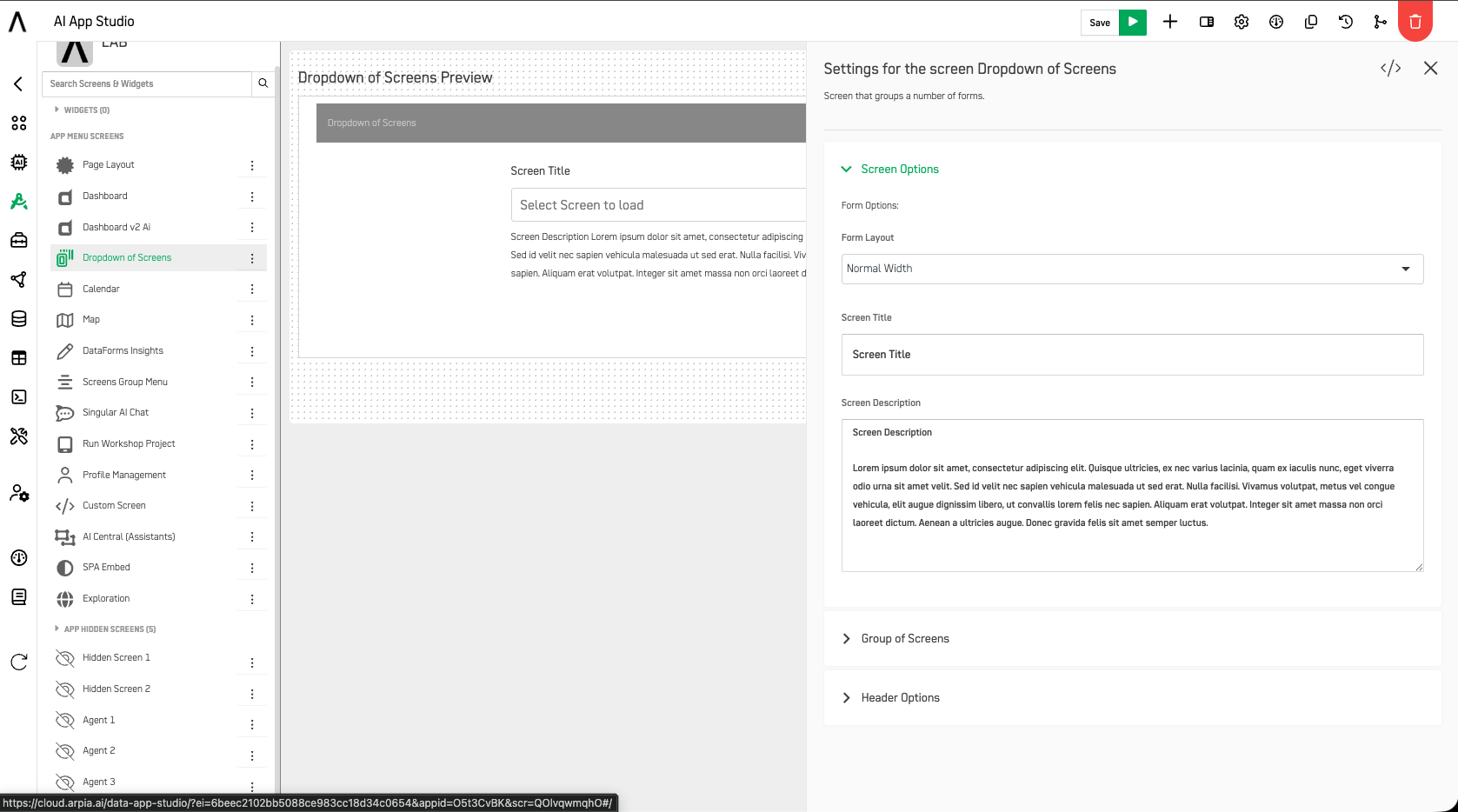 Dropdown of Screens