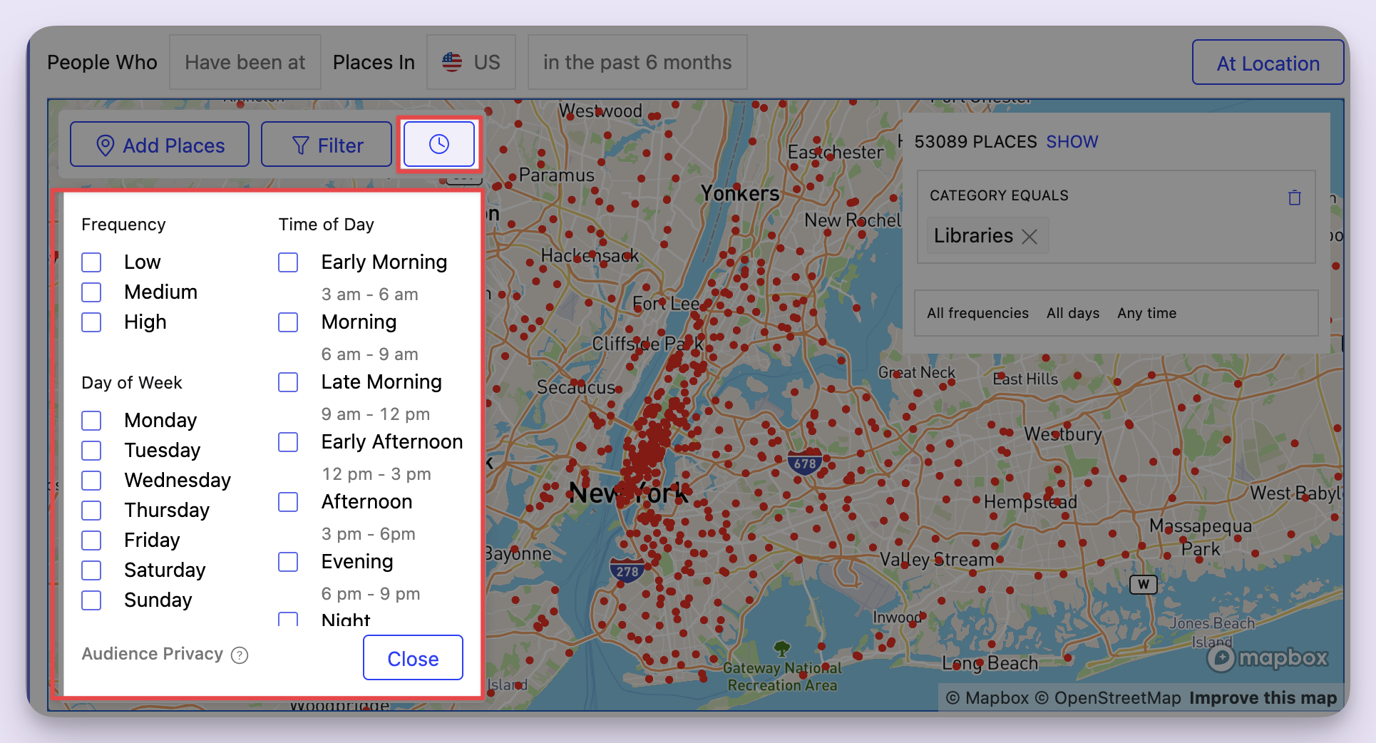 The time options in Foursquare Audience.