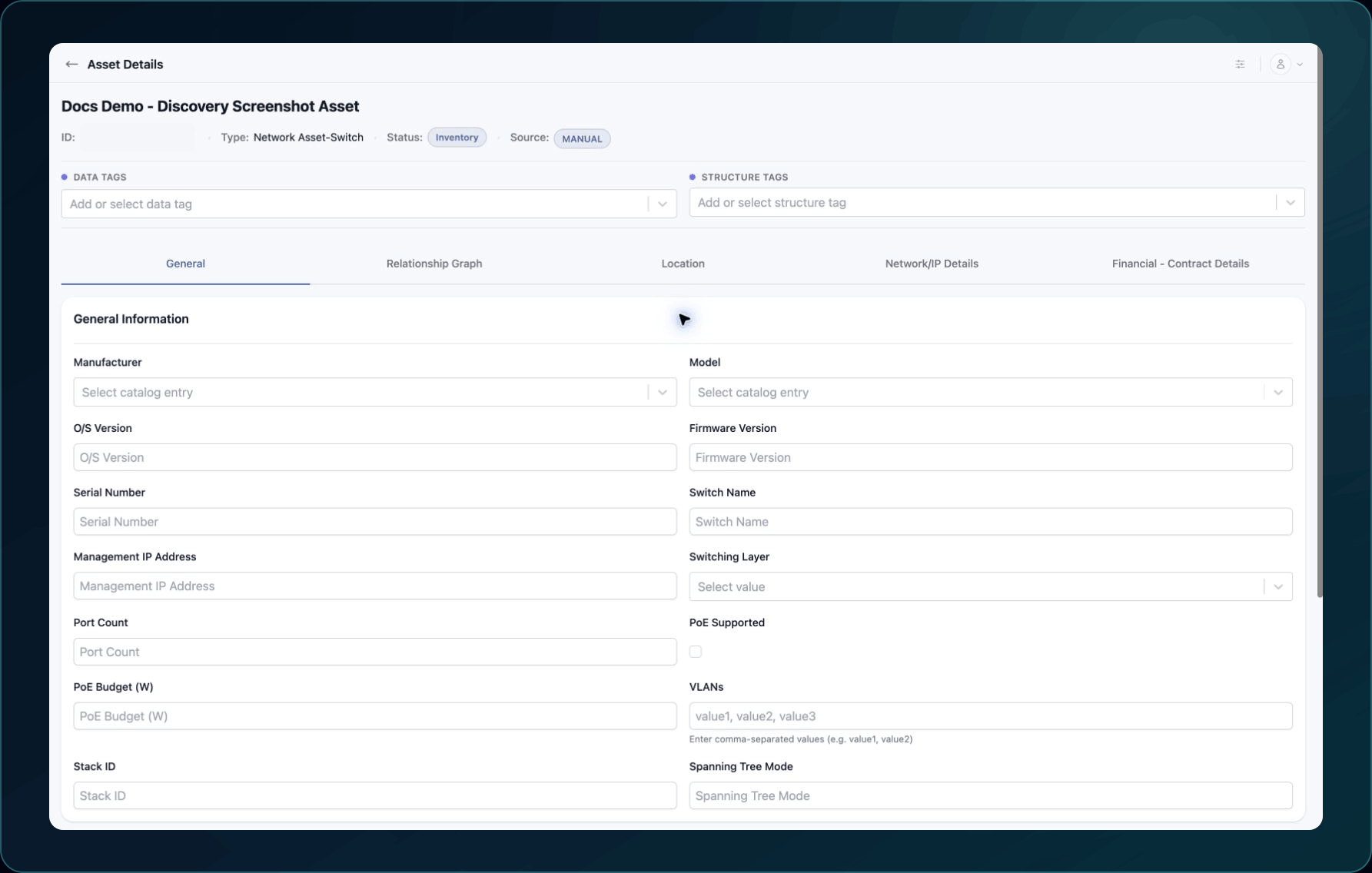 Example Asset details with identity metadata masked, editable tags, schema tabs, and Asset Type-specific fields.