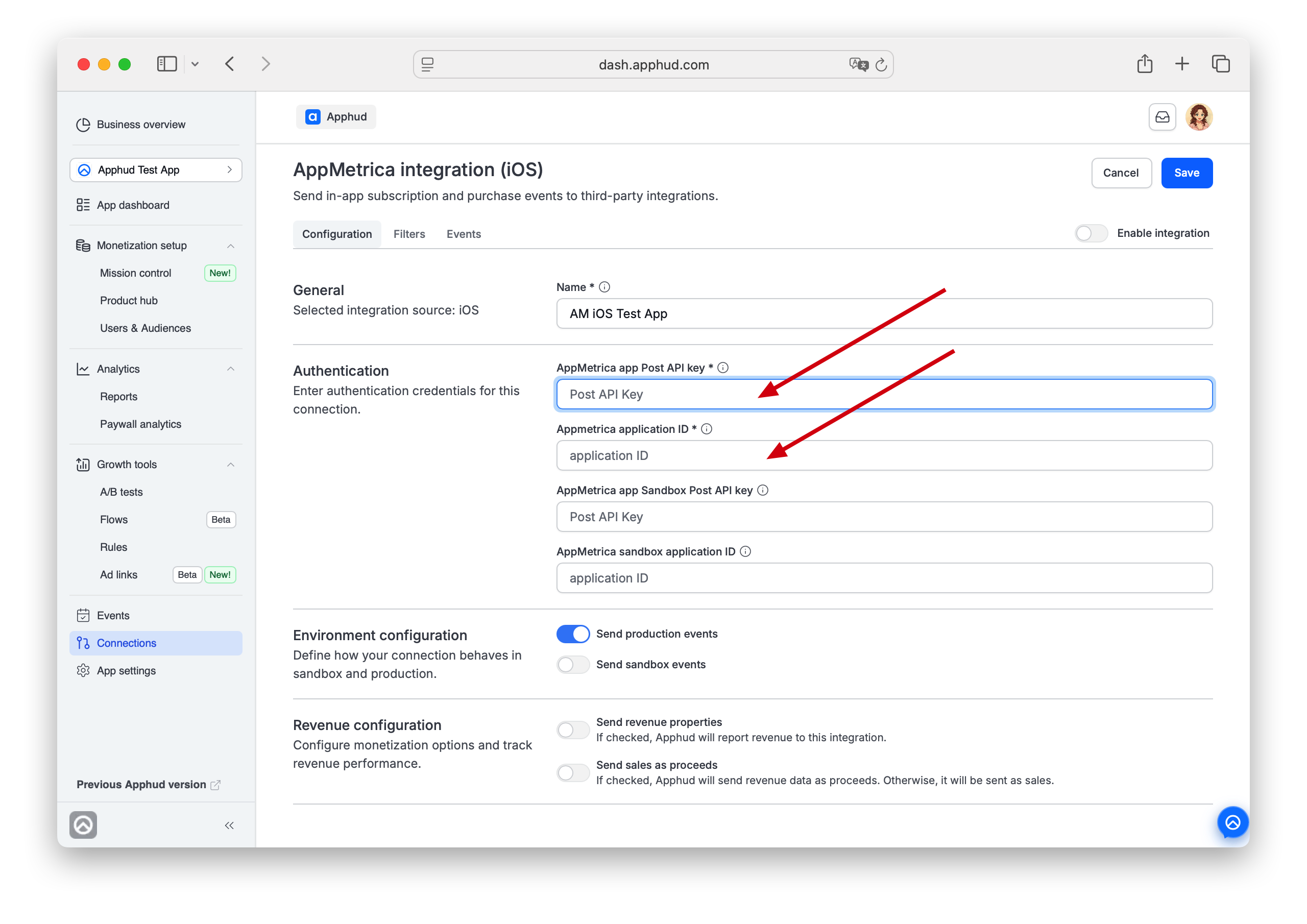 Apphud - AppMetrica Post API Key and Application ID