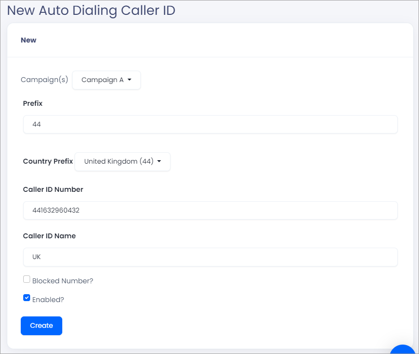 Screenshot of adding an Auto Dialer Caller ID