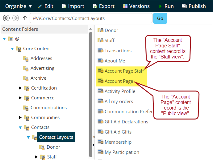 Locating the account page content records in the document system