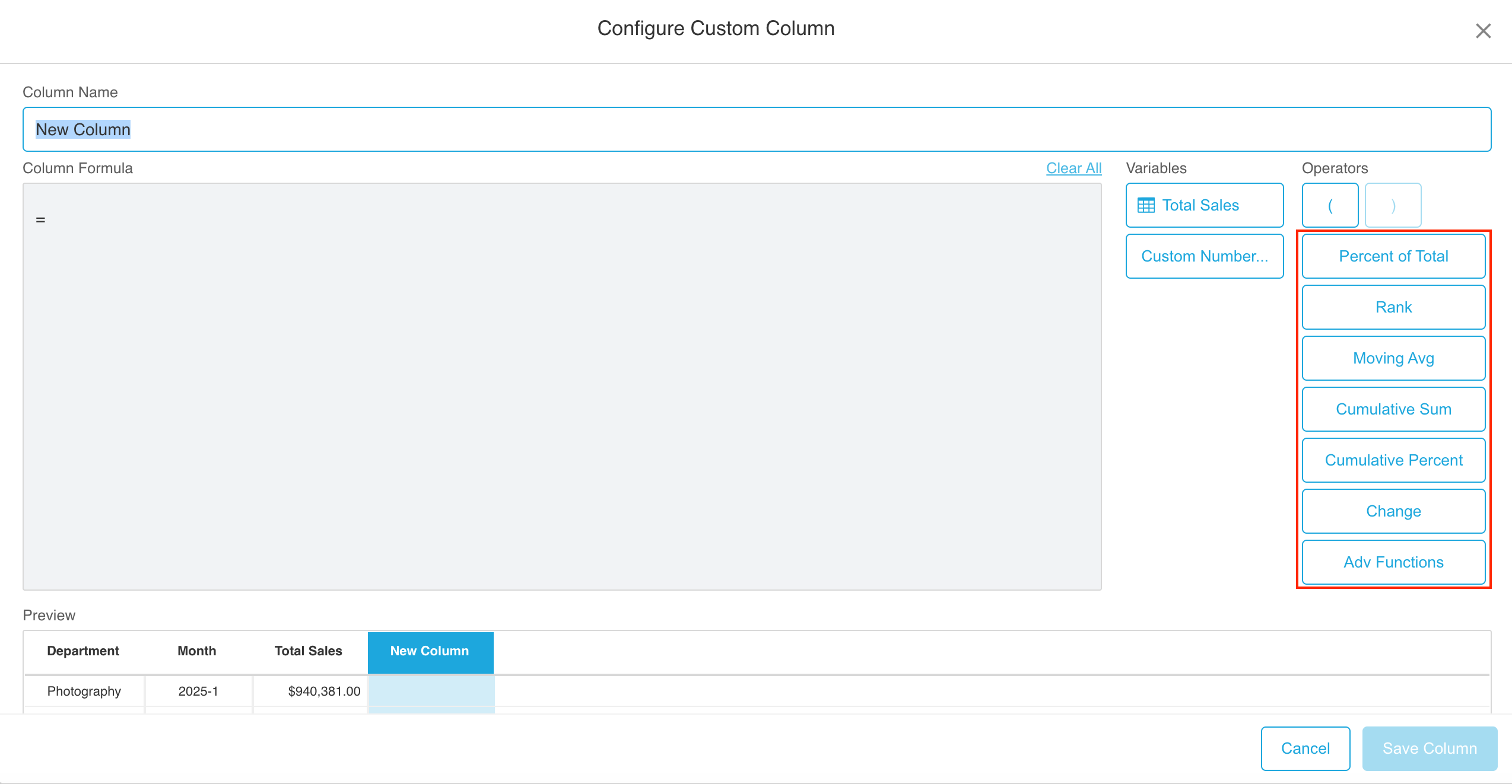 Window Function Configuration