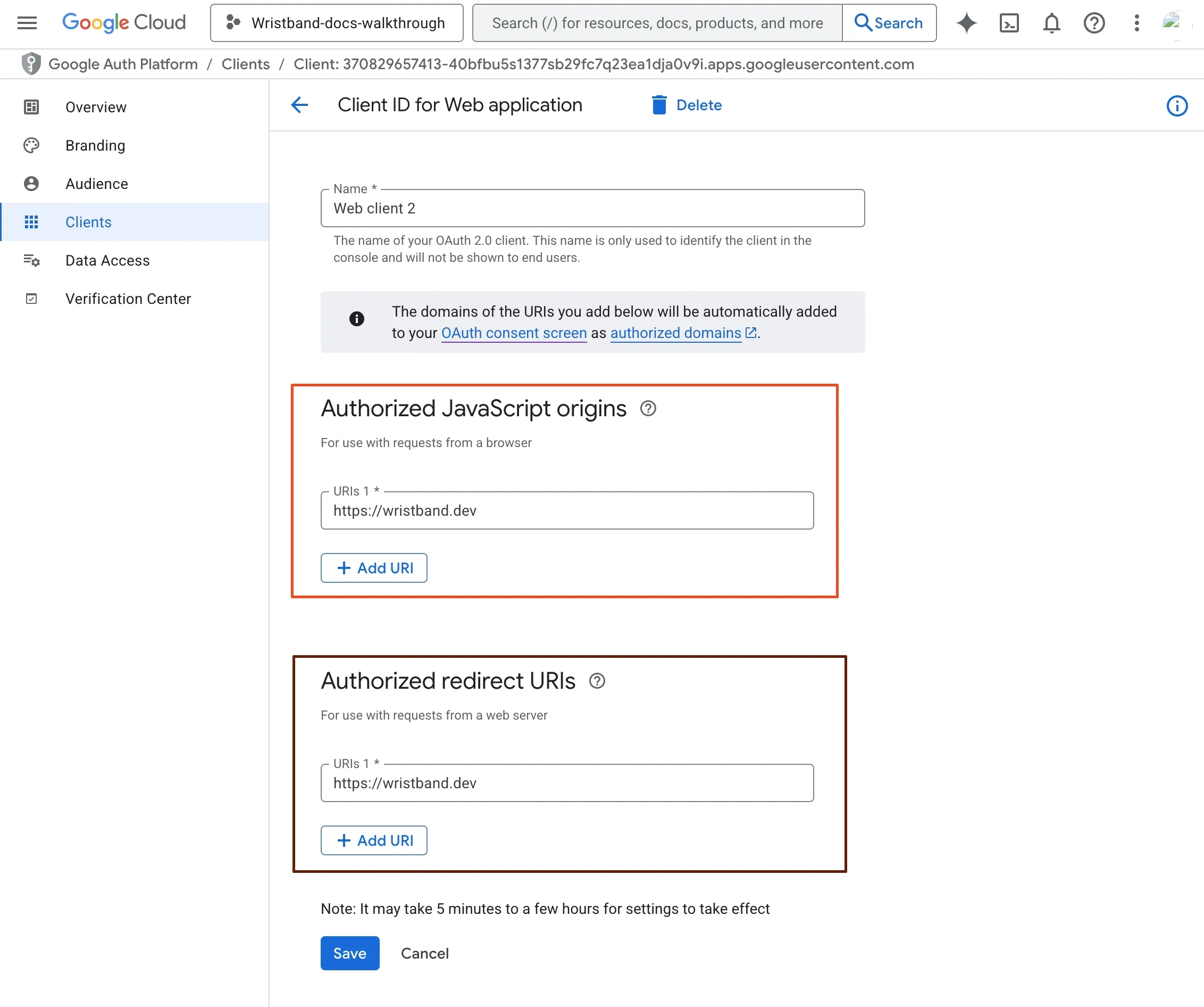 OAuth credentials form in Google Cloud Developer Console