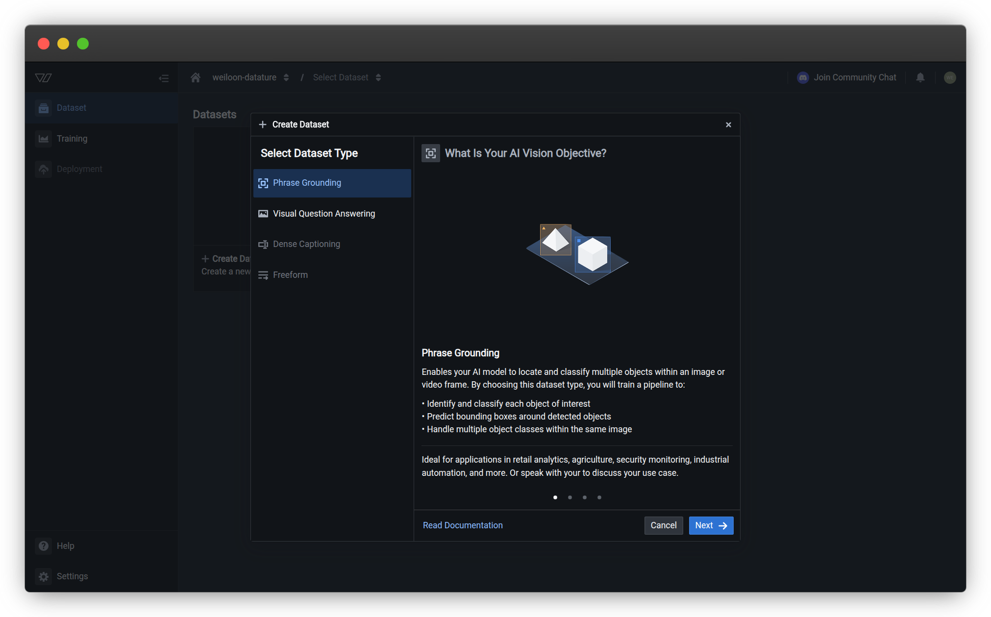 Dataset type selection screen