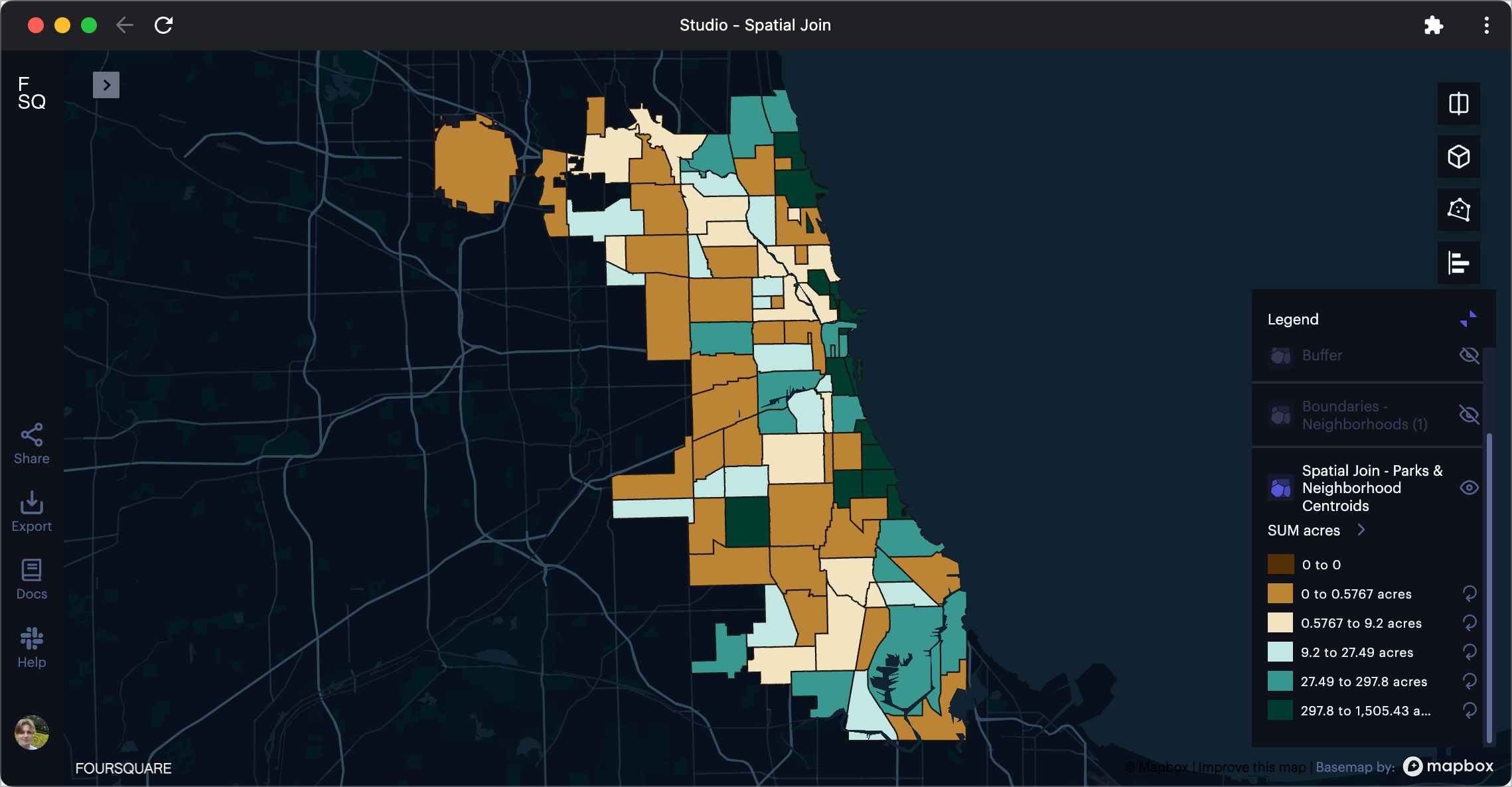 Chicago neighborhoods colored by centroid park acreage. 