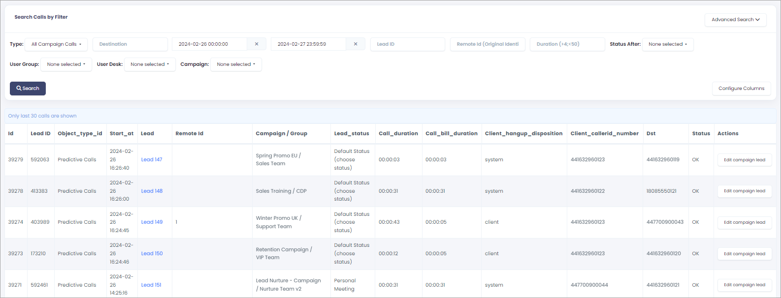 Screenshot of the Recent Calls page