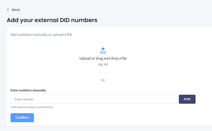 Screenshot of the Add numbers manually or upload a file step