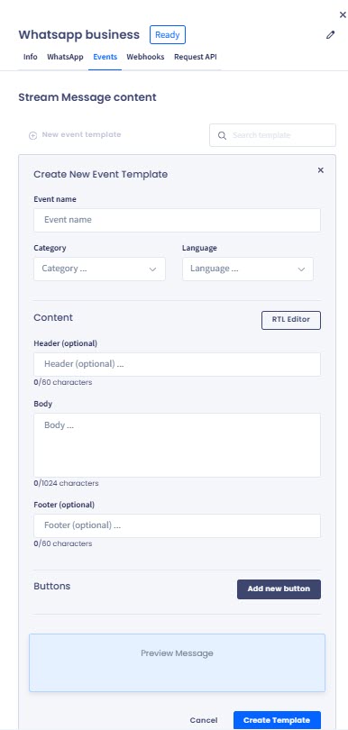 Screenshot of the Create New Event Template form